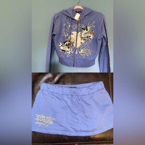 Matching light bluish purple Ed Hardy zip hoodie and mini skirt!
